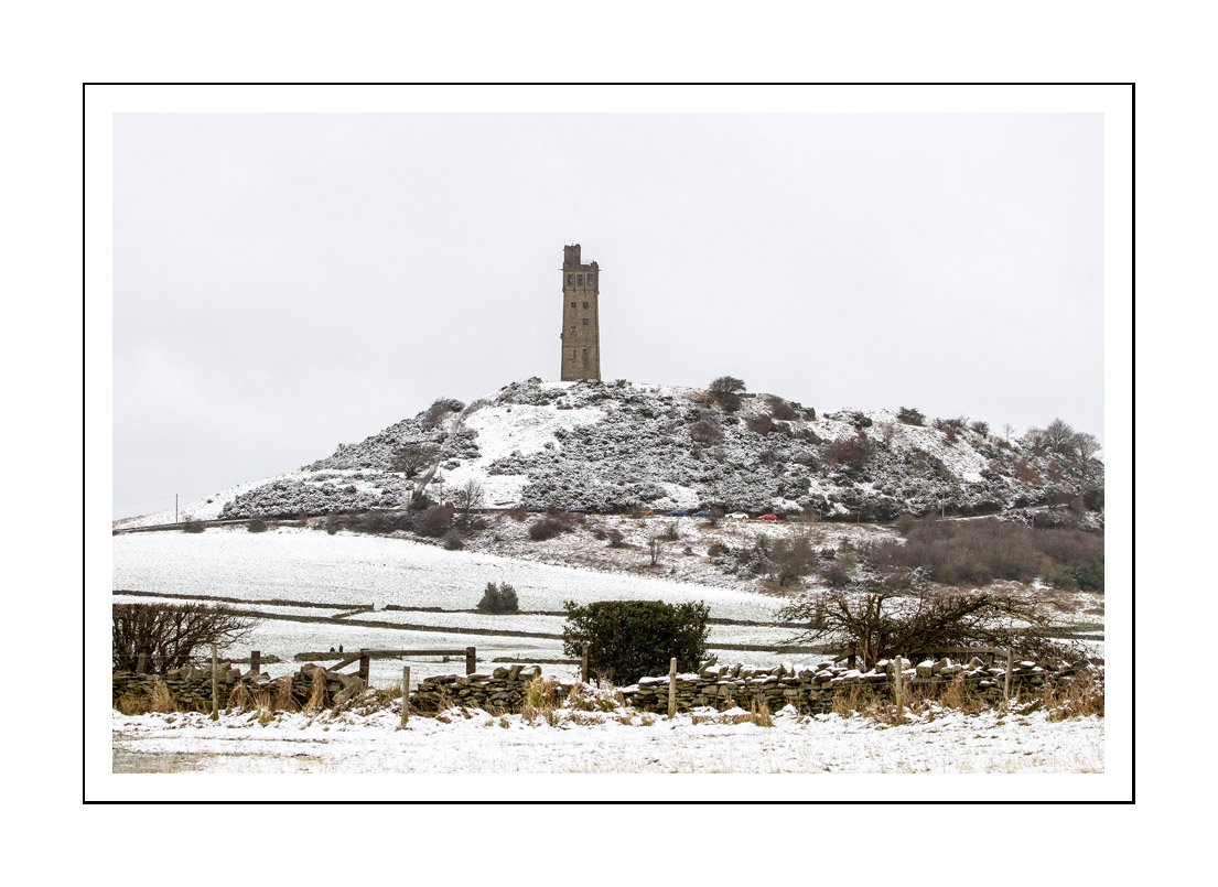 Victoria Tower, Huddersfield (know locallly as Castle Hill) after light snow fall over night.